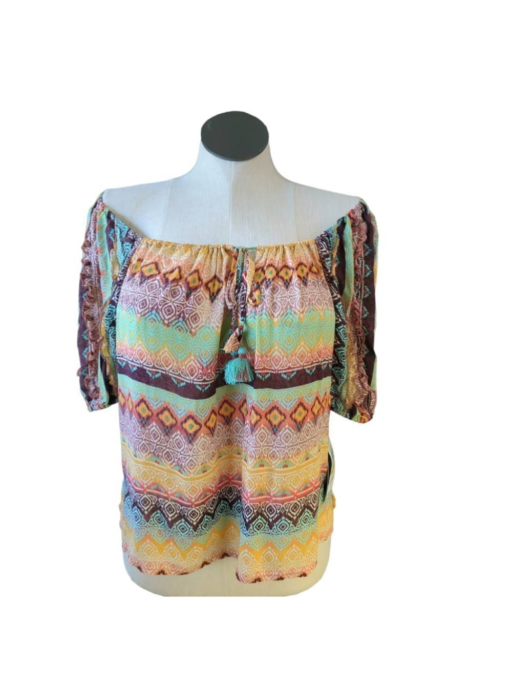 Democracy Women's M Off The Shoulder Top Southwestern Boho Print Adjustable Neck